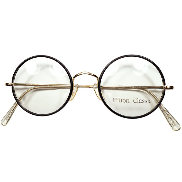 初入荷ULTRA RAREな黒セル巻のまる1970sデッドストック 英国製 HILTON CLASSIC ヒルトン クラシック BLACKセル巻 正円ラウンド 14KT金張 size47/20  ビンテージ ヴィンテージ 眼鏡 メガネ 【a9511】