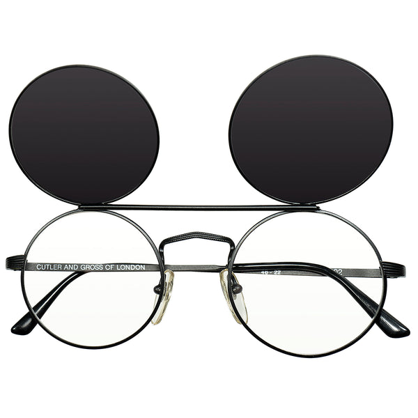 最初期カトラーが作る珠玉の跳ね上げ式 丸眼鏡 ARCHIVEピース1970s ENGLAND製デッドストック CUTLER & GROSS カトラー 全黒FLIP-UP ラウンド 46/22  ビンテージ ヴィンテージ 眼鏡 メガネ 【a9536】