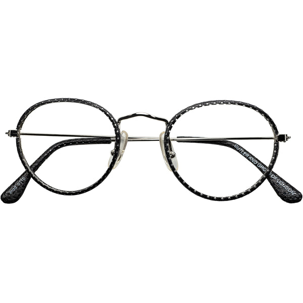 カトラーがつくるALGHA同型のユニーク作品1980s英国製デッドストック CUTLER & GROSS BLACKセル巻き風 FAUXレザー巻き パントゥ ボストン48/22実寸　ビンテージ ヴィンテージ 眼鏡 メガネ 【a9548】
