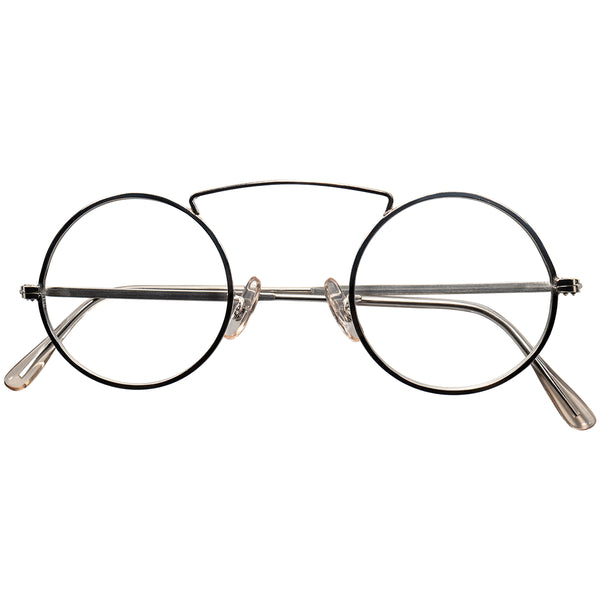 ANTIQUE OLD DESIGN踏襲1950-60s デッドストック FRAME FRANCE アッパーブリッジ 骨太リム SILVER METAL正円ラウンド 丸眼鏡 43/26実寸 超GOODSIZE ビンテージ ヴィンテージ 眼鏡 メガネ 【b0414】