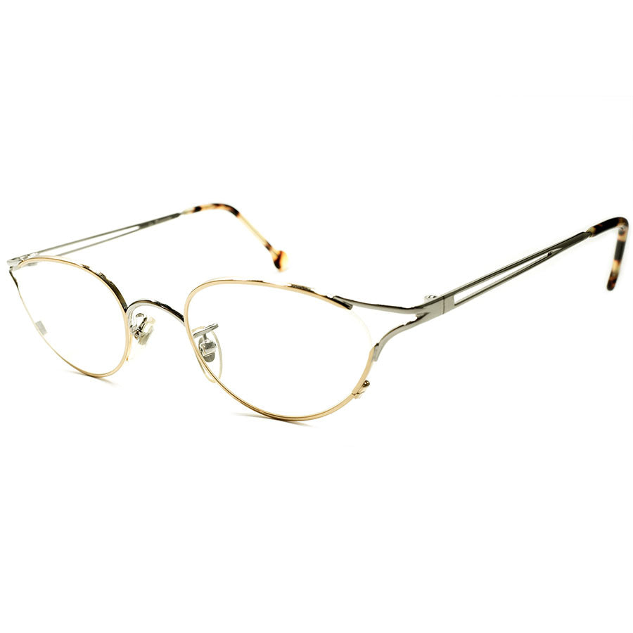 鋭敏LUXURYデザイン デッドストック 1990s イタリア製 MADE IN ITALY l.a.Eyeworks 立体構造 2TONE  METAL GOLD×SILVER 変形オーバル型 ラウンド ビンテージ ヴィンテージ 眼鏡 メガネ 丸メガネ 実寸46/23良好サイズ 【A5200】