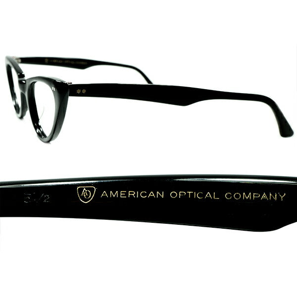 ONLY VINTAGEデザイン 1960s デッドストックUSA製 AO アメリカンオプティカル AMERICAN OPTICAL  WスターヒンジCATEYEキャットアイ size46/22 BLACK ビンテージ ヴィンテージ 眼鏡 メガネ 【a8834】