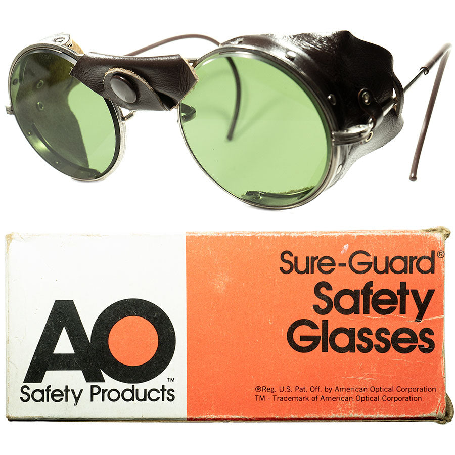 激渋 HEAVY DUTY1960s デッドストック USA製 AO アメリカンオプティカル AMERICAN OPTICAL 後期型 レザー  サイドガード INDUSTRIAL ラウンド 丸眼鏡 ビンテージ ヴィンテージ 眼鏡 メガネ 【a6912】