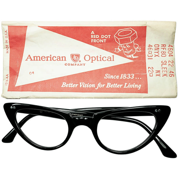 ONLY VINTAGEデザイン 1960s デッドストックUSA製 AO アメリカンオプティカル AMERICAN OPTICAL WスターヒンジCATEYEキャットアイ size46/22 BLACK ビンテージ ヴィンテージ 眼鏡 メガネ 【a8834】
