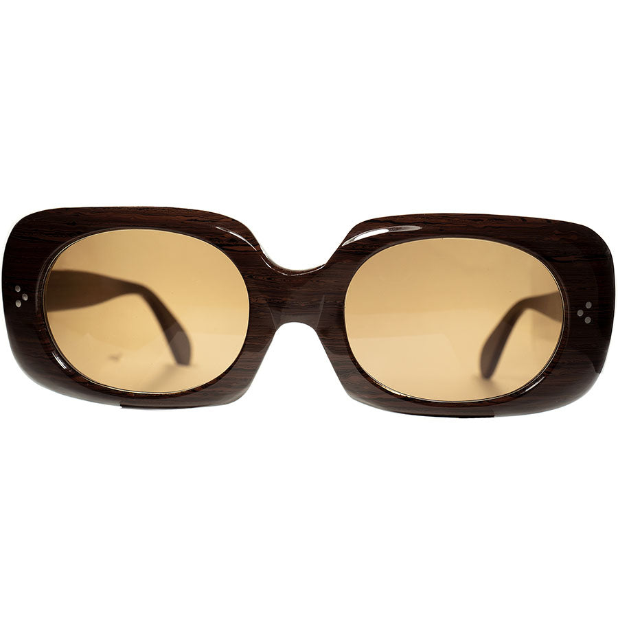非常に珍しいデザインの３DOT オールBROWN仕立て1960s イタリア製 デッドストック FRAME ITALY ３ドットSQUARE  ウェリントン サングラス BROWN WOOD ビンテージ ヴィンテージ 眼鏡 メガネ 【a8979】